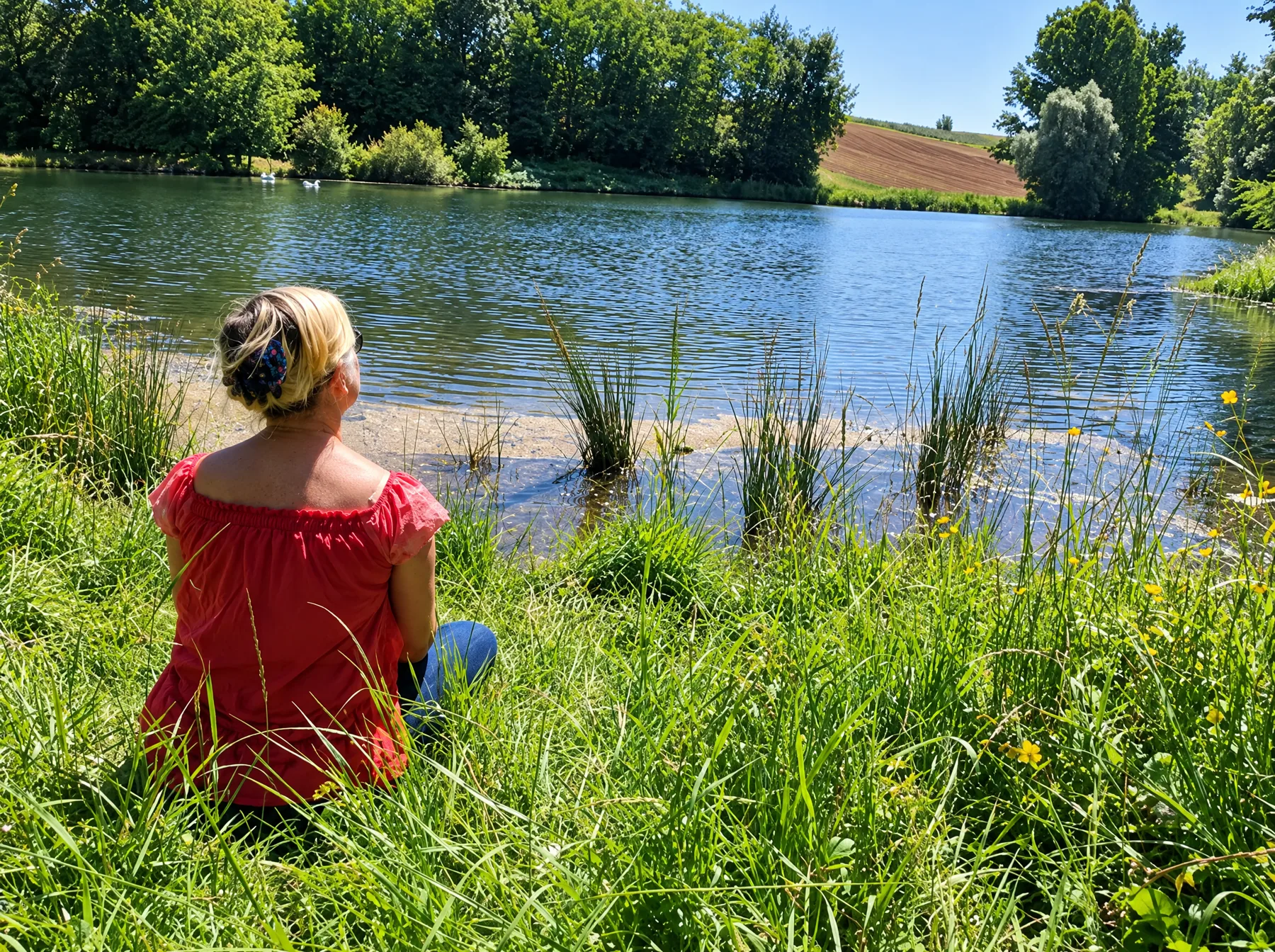 Nathalie Czervisice, sophrologue fondatrice de Nos-Stress, assise de dos au bord d'un étang en été